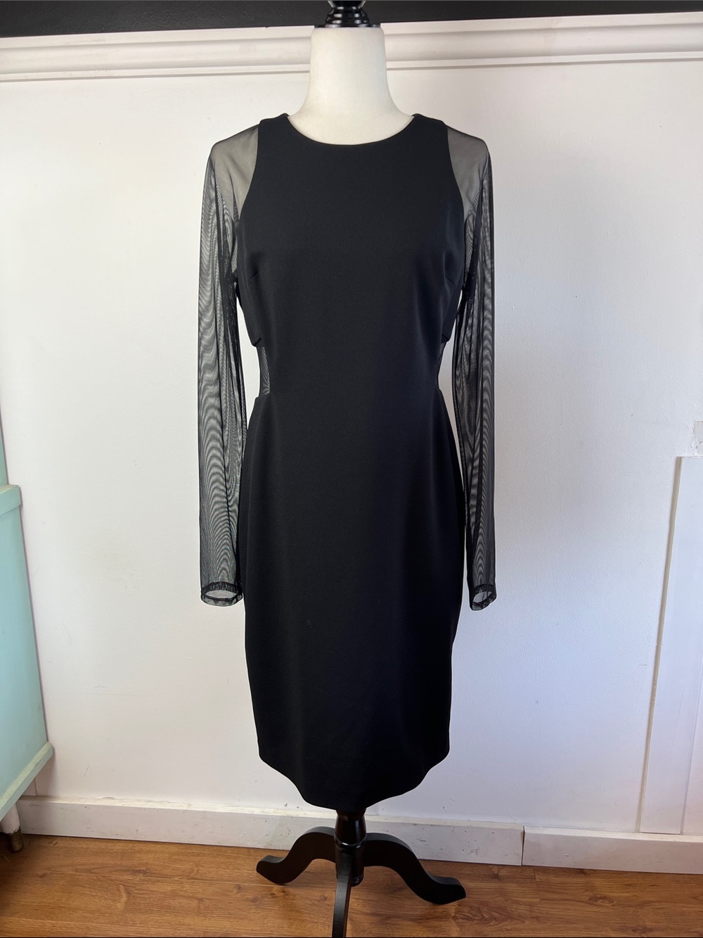 Vera Wang Black LBD Mesh-Sleeve Bodycon Bandage Sheath Dress